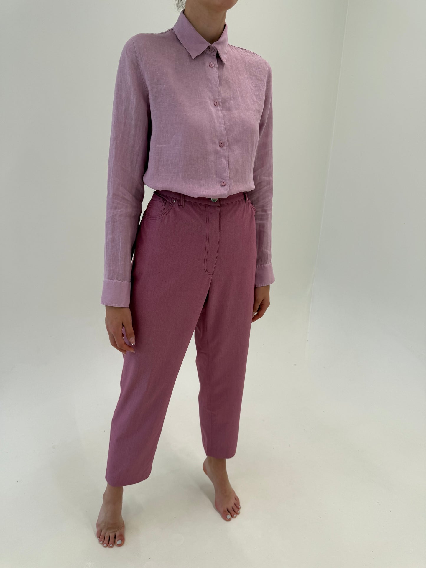 Pantaloni dusty rose Pink de vara cu talie ultra înaltă și solduri generoase