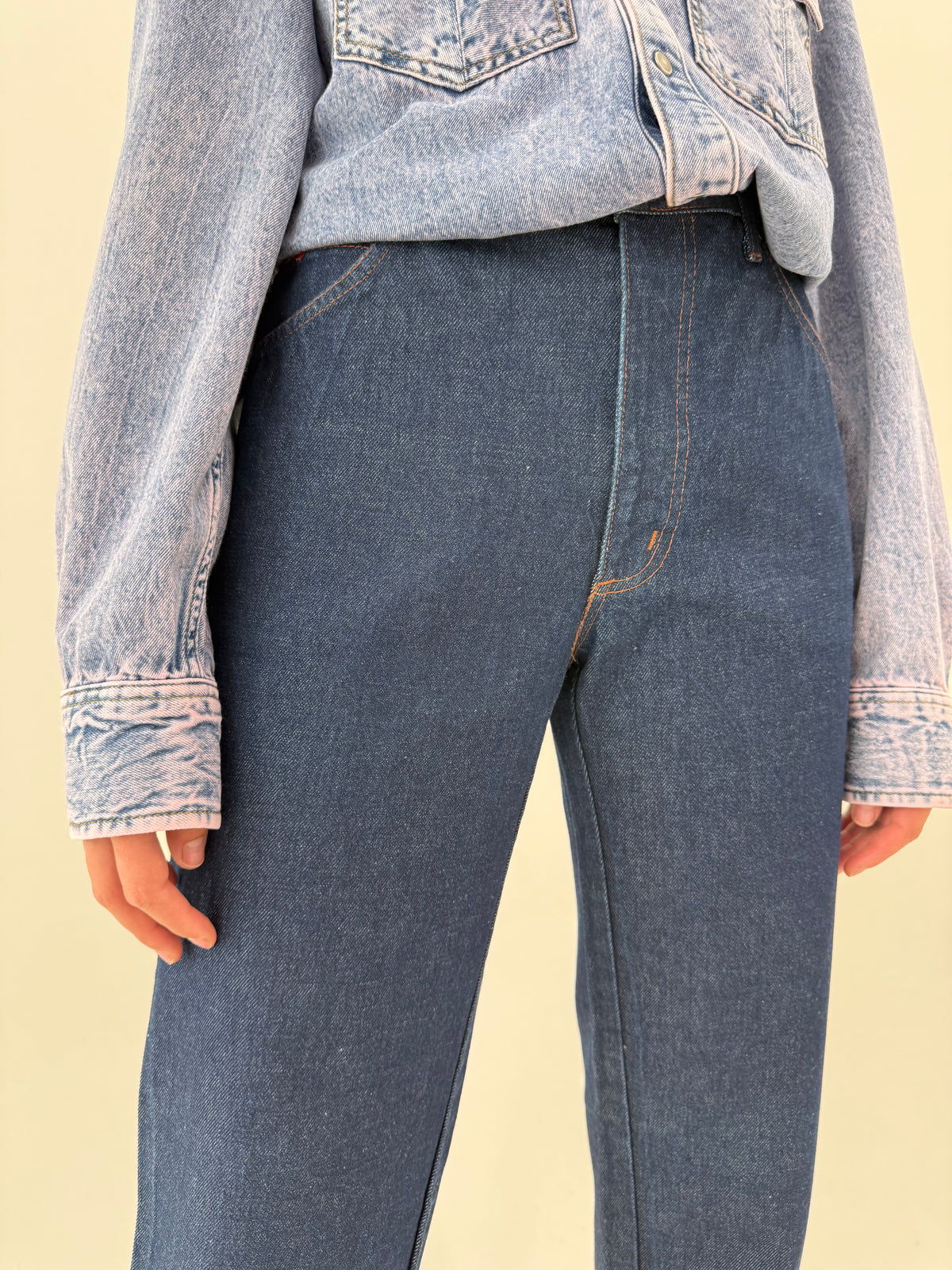 Jeans raw vintage italinesti de brand premium indigo wash ușor evazat tall