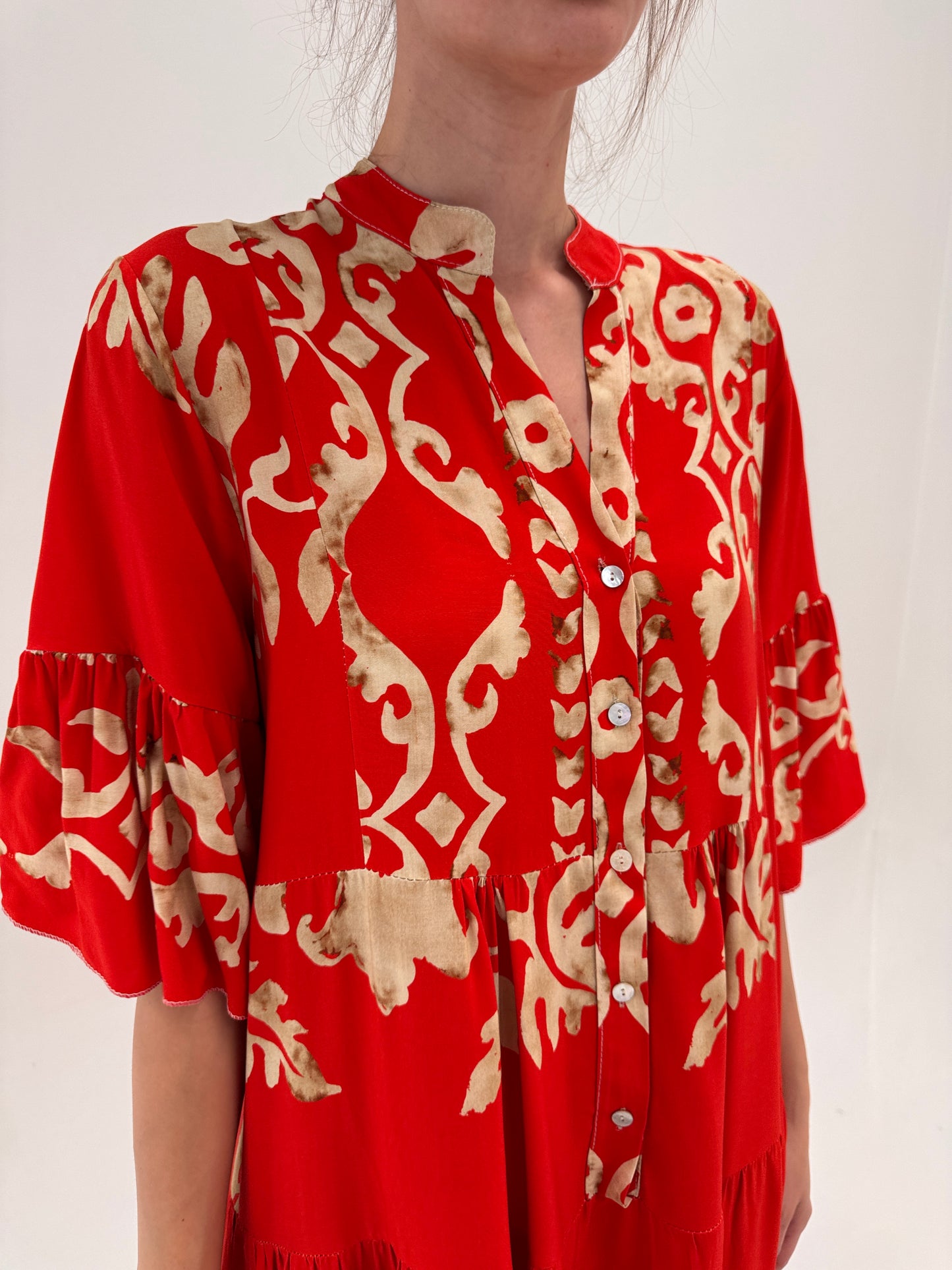 Rochie maxi tip kaftan cu print camel în croi lejer super vaporoasă