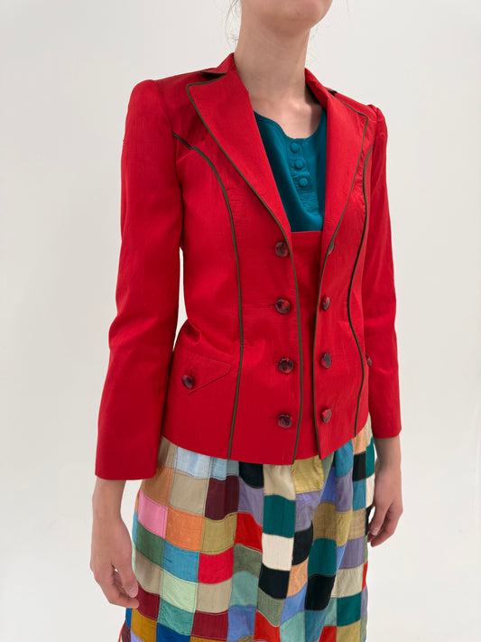 Sacou ultra cambrat din mătase naturală dupioni cherry red