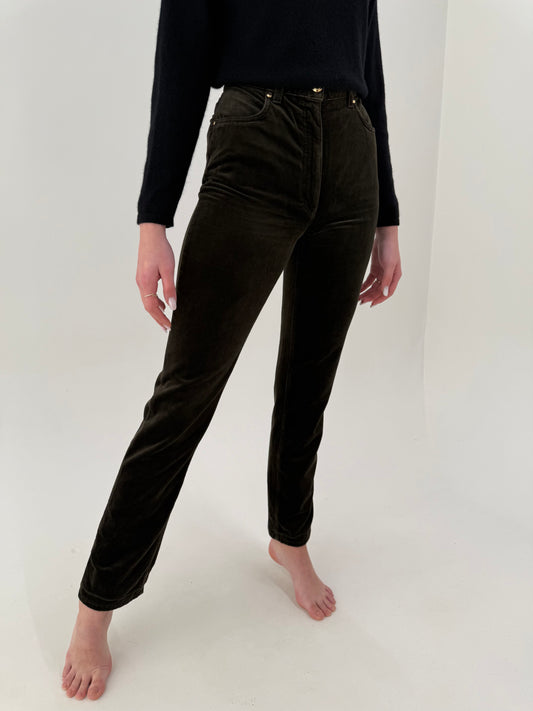 Pantaloni tall Luisa Spagnoli dark green din catifea luxury de bumbac cu modal