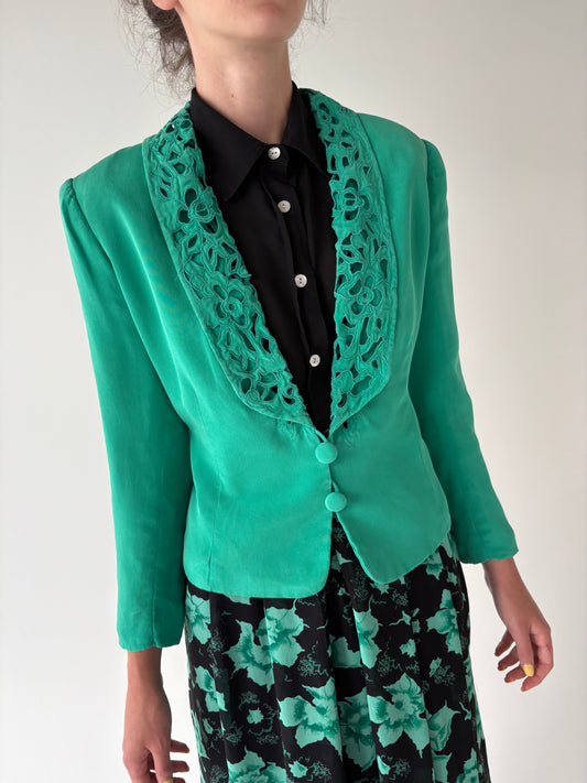 Sacou vintage verde smarald din mătase naturală dublat tot cu mătase
