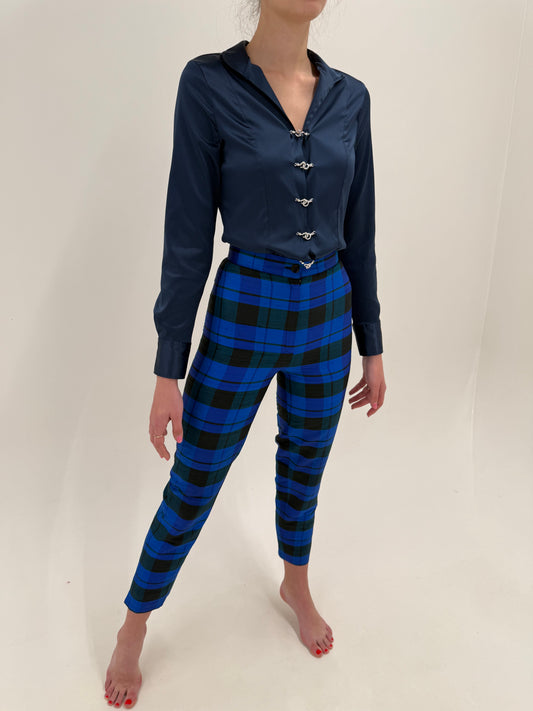 Pantaloni din mătase naturală dupioni de la zi la seară în carouri