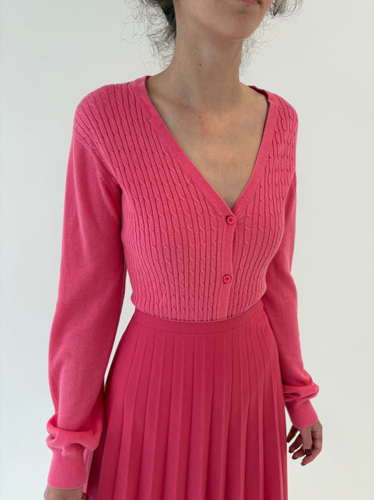 Cardigan neon pink cu torsade din bumbac