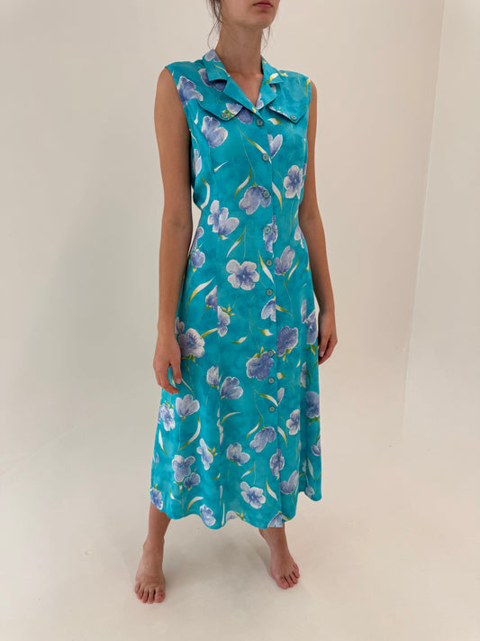 Rochie maxi turcoaz cu print floral lavandă cu talie reglabilă marcată