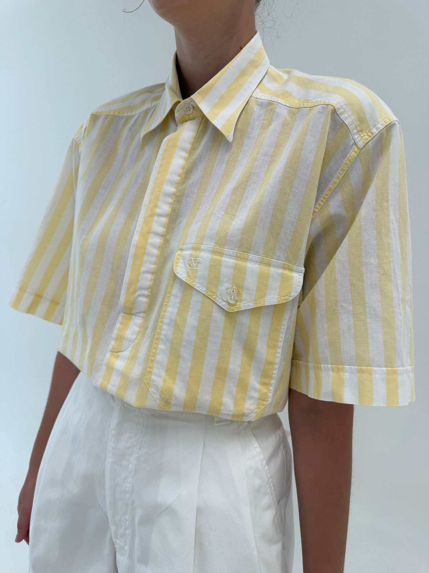 Cămașa Valentino din pânză de bumbac cu dungi fine butter yellow