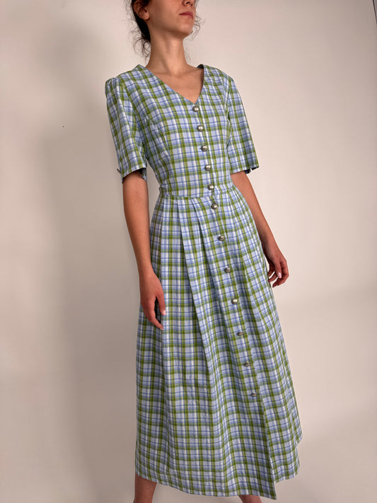 Rochie vintage în carouri din pânză de bumbac cu spate reglabil