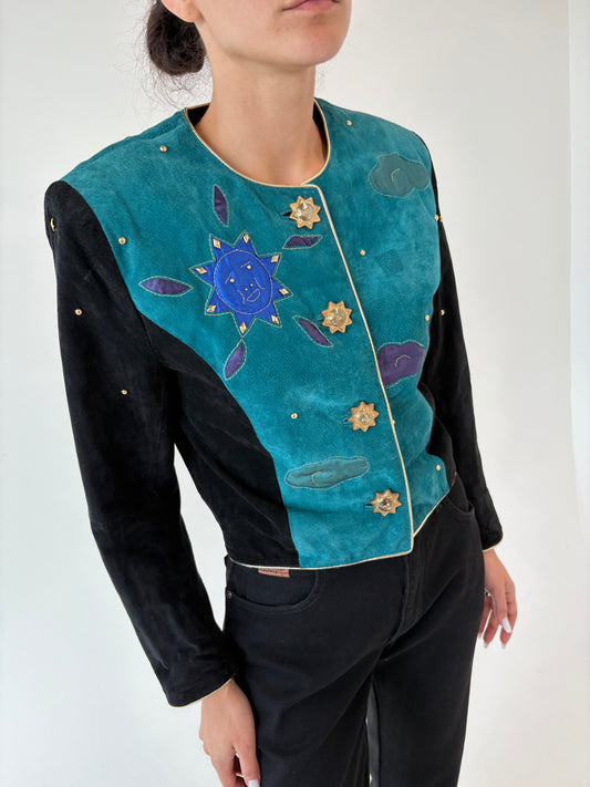 Geacă vintage cu aplicații și nasturi bijuterie din piele întoarsă