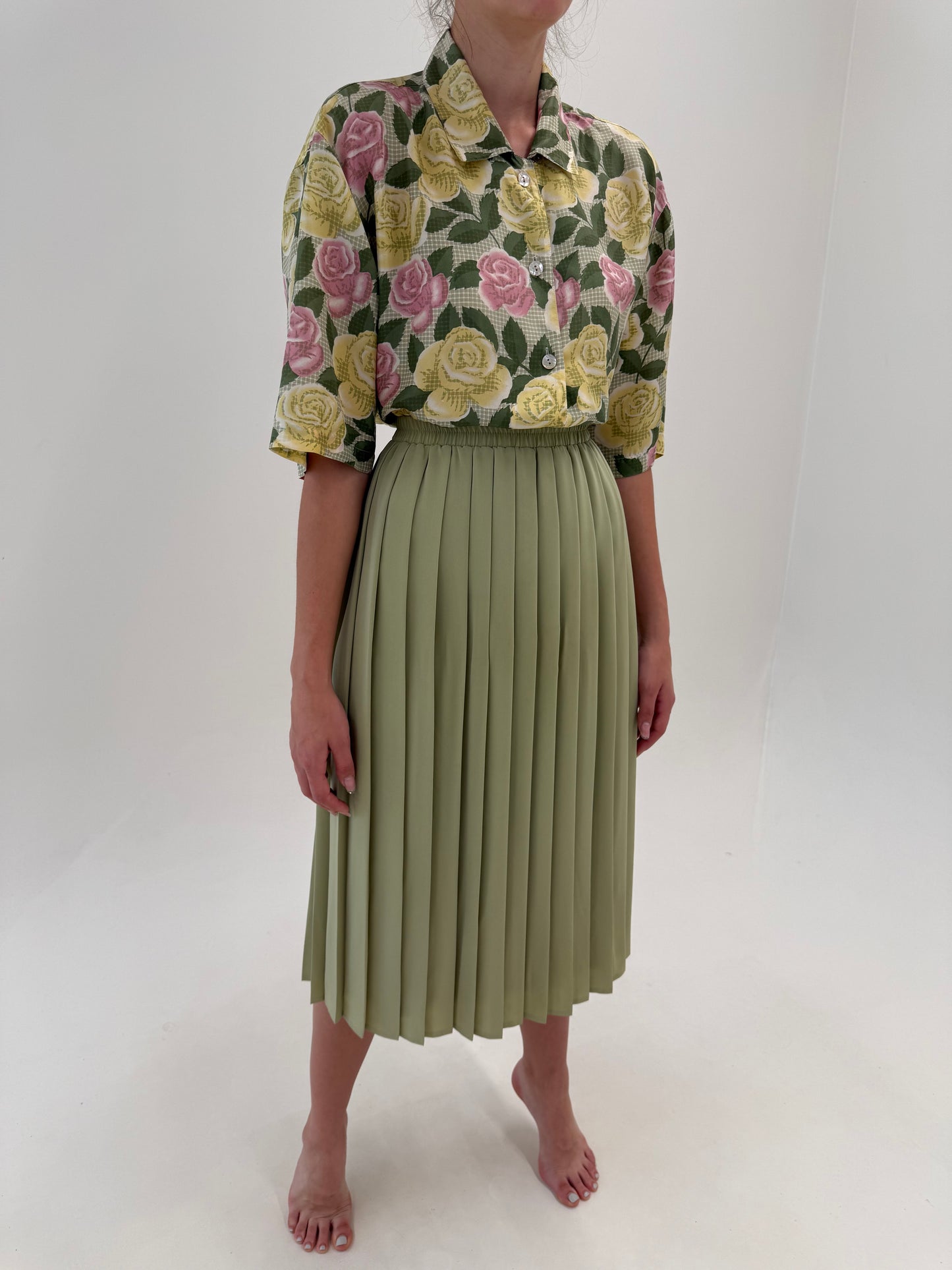 Fustă vintage plisată Sage green cu talie ultra înaltă elastică midi lung