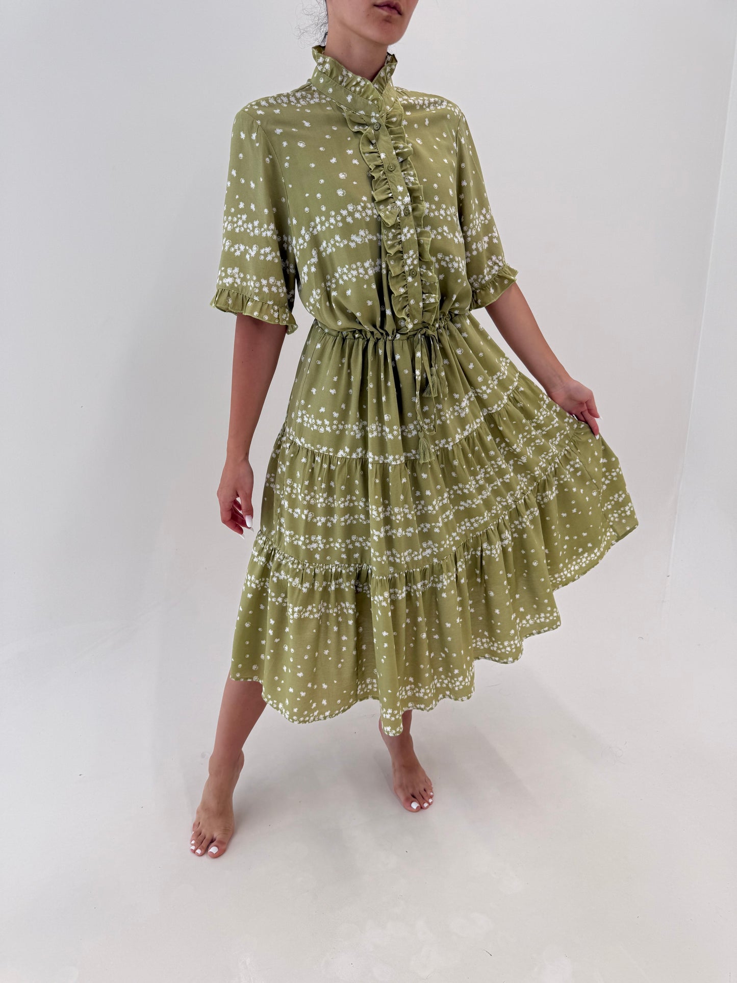 Rochie verde olive cu print fin, jabou si talie ultra înaltă reglabilă