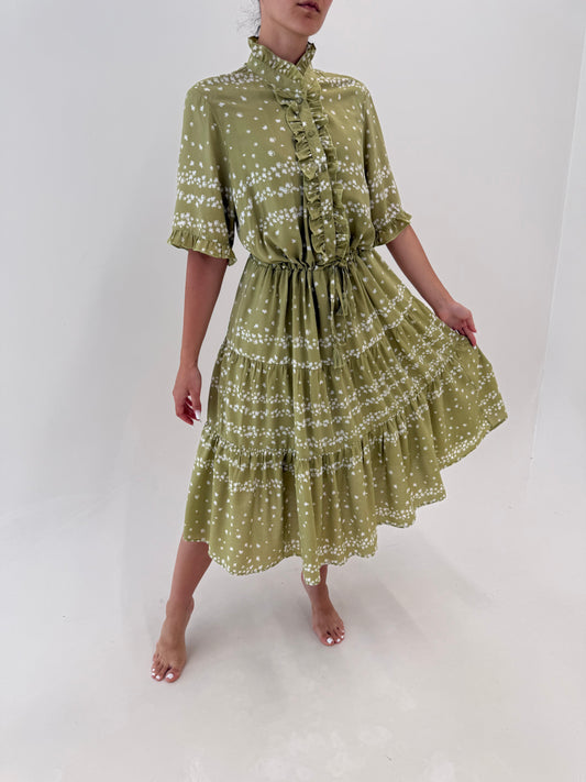 Rochie verde olive cu print fin, jabou si talie ultra înaltă reglabilă