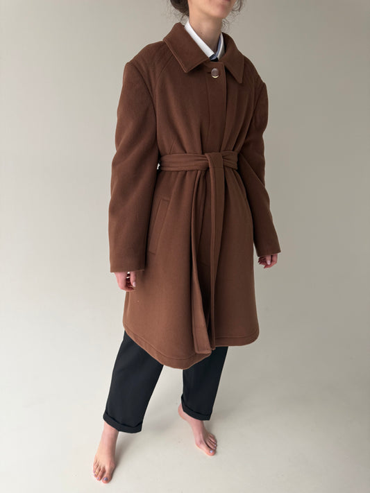 Palton caramel brown don stofă plină de lana cu cașmircu cordon