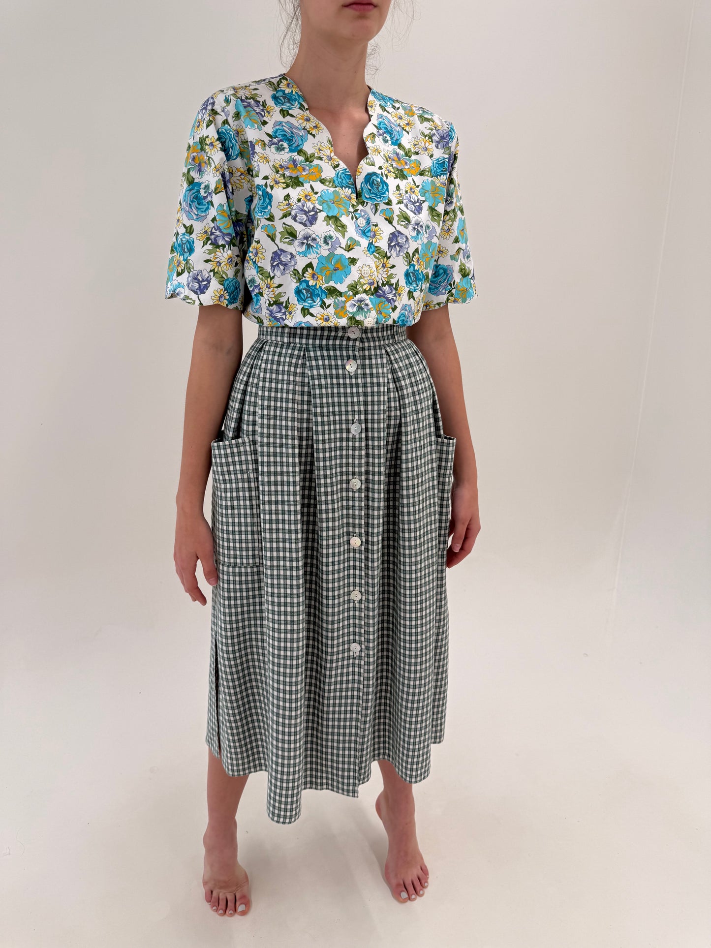 Fustă vintage gingham maxi din pânză de in și vascoza cu talie ultra înaltă