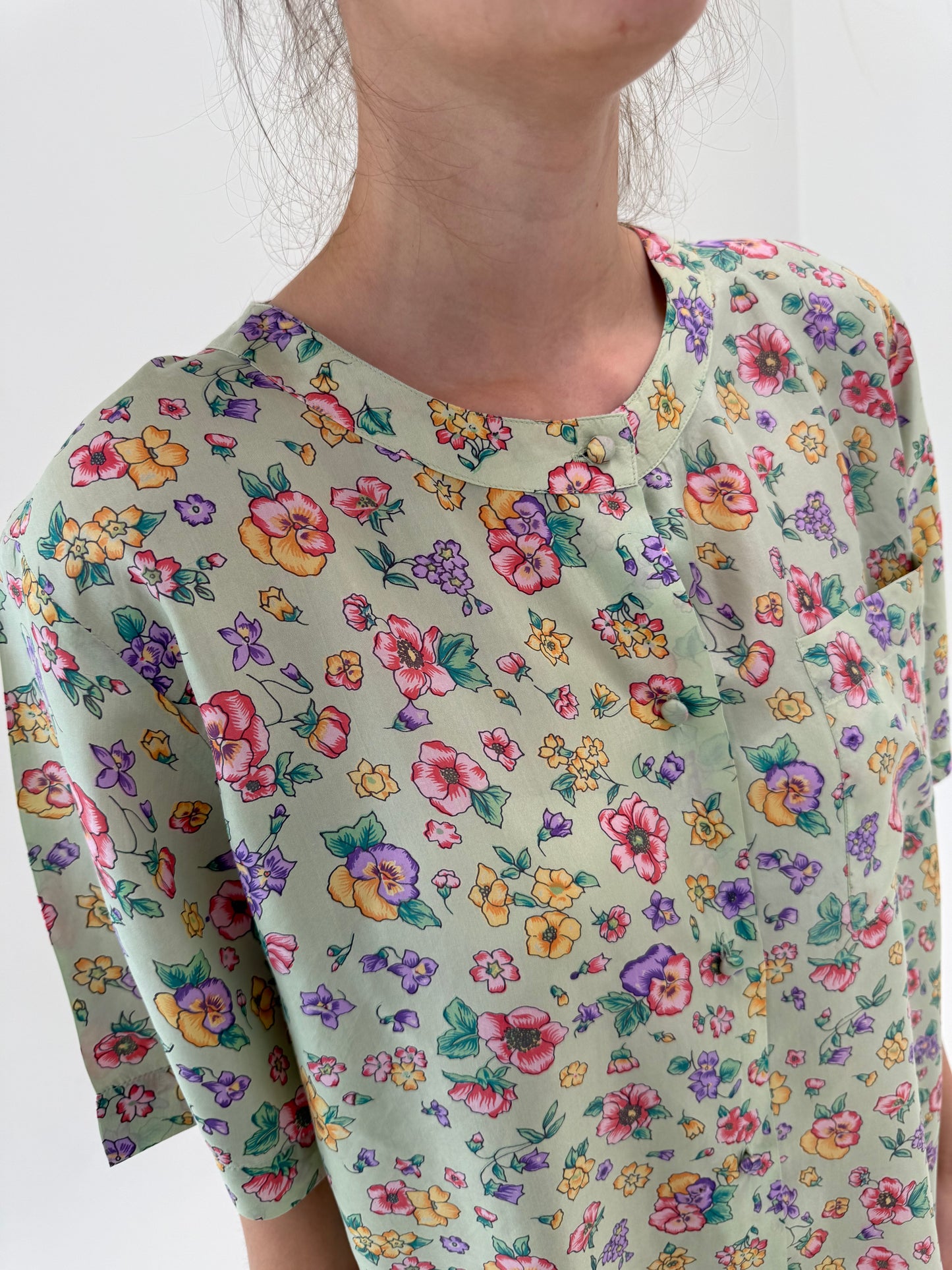 Top vintage mint green cu print floral din mătase naturală în croi oversized