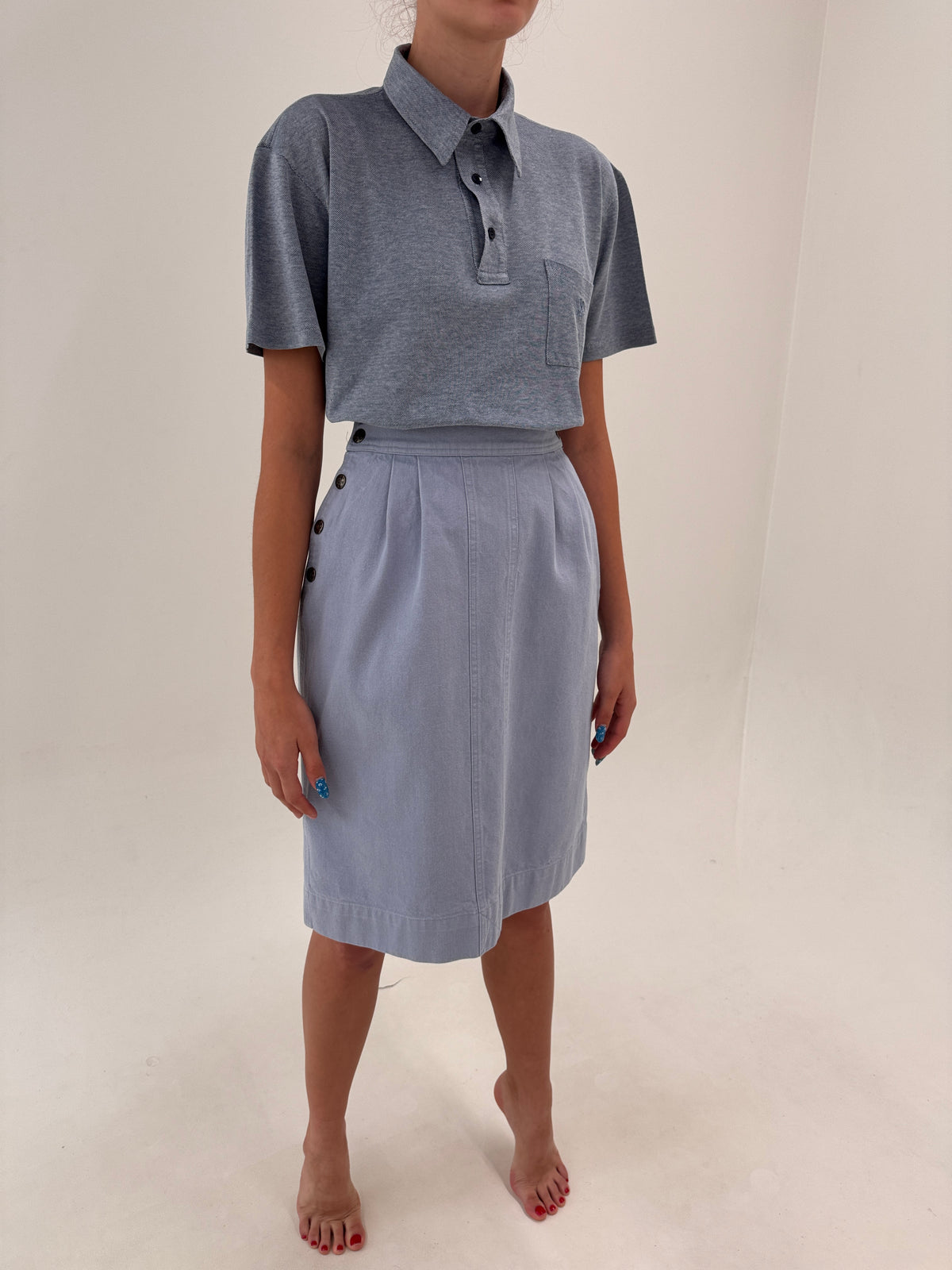Fustă Fendi vintage din jeans light blue cu talie extrem de marcată midi