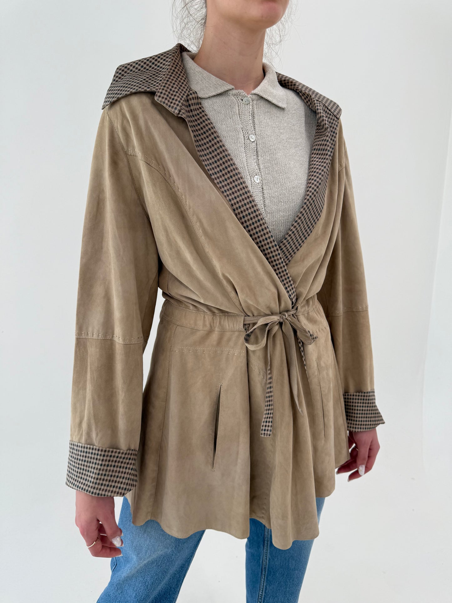 Trench camel cu cordon din cea mai fină și subțire piele naturală suede