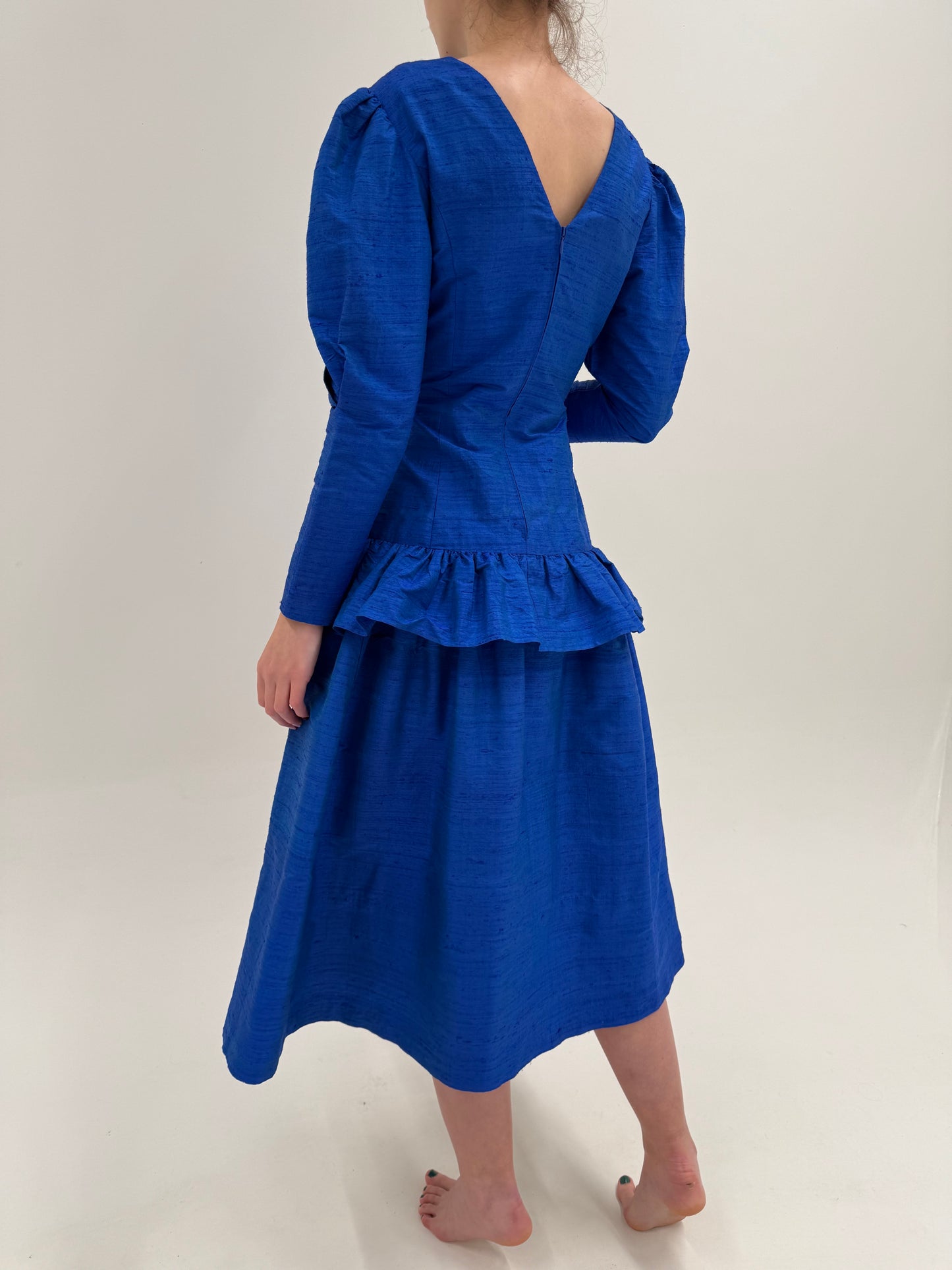 Rochie vintage albastru regal din mătase naturală dupioni groasă