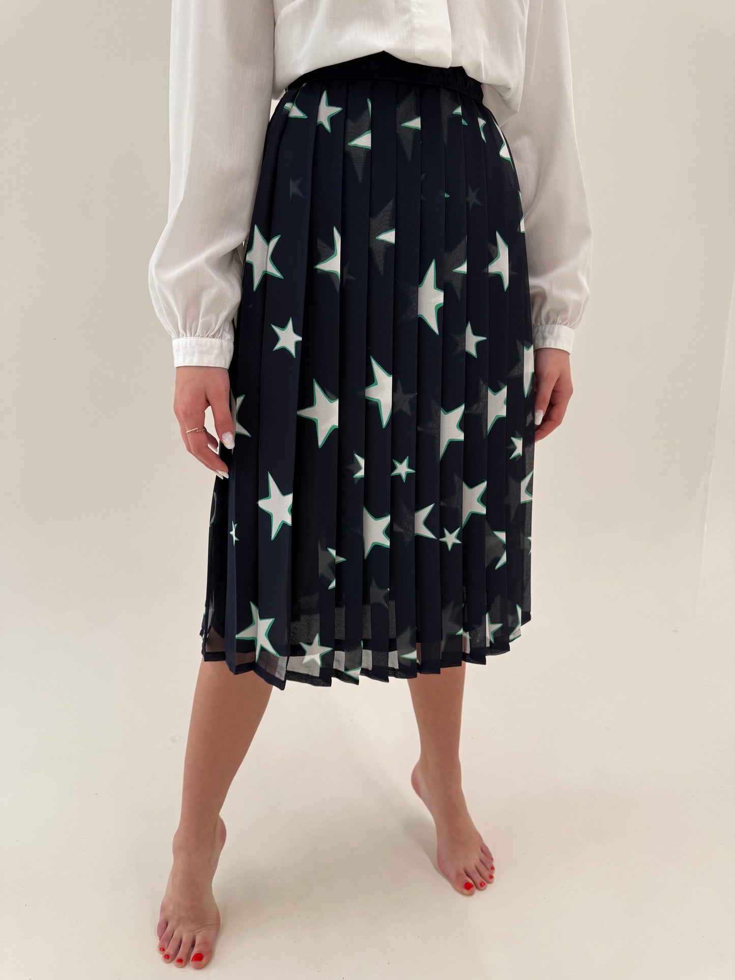 Fustă vintage plisată cu print și talie ultra înaltă elastică midi lung