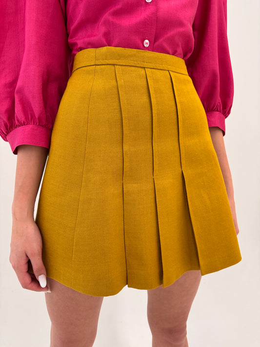 Fustă vintage mustard green plisată din pânză excepțională de in