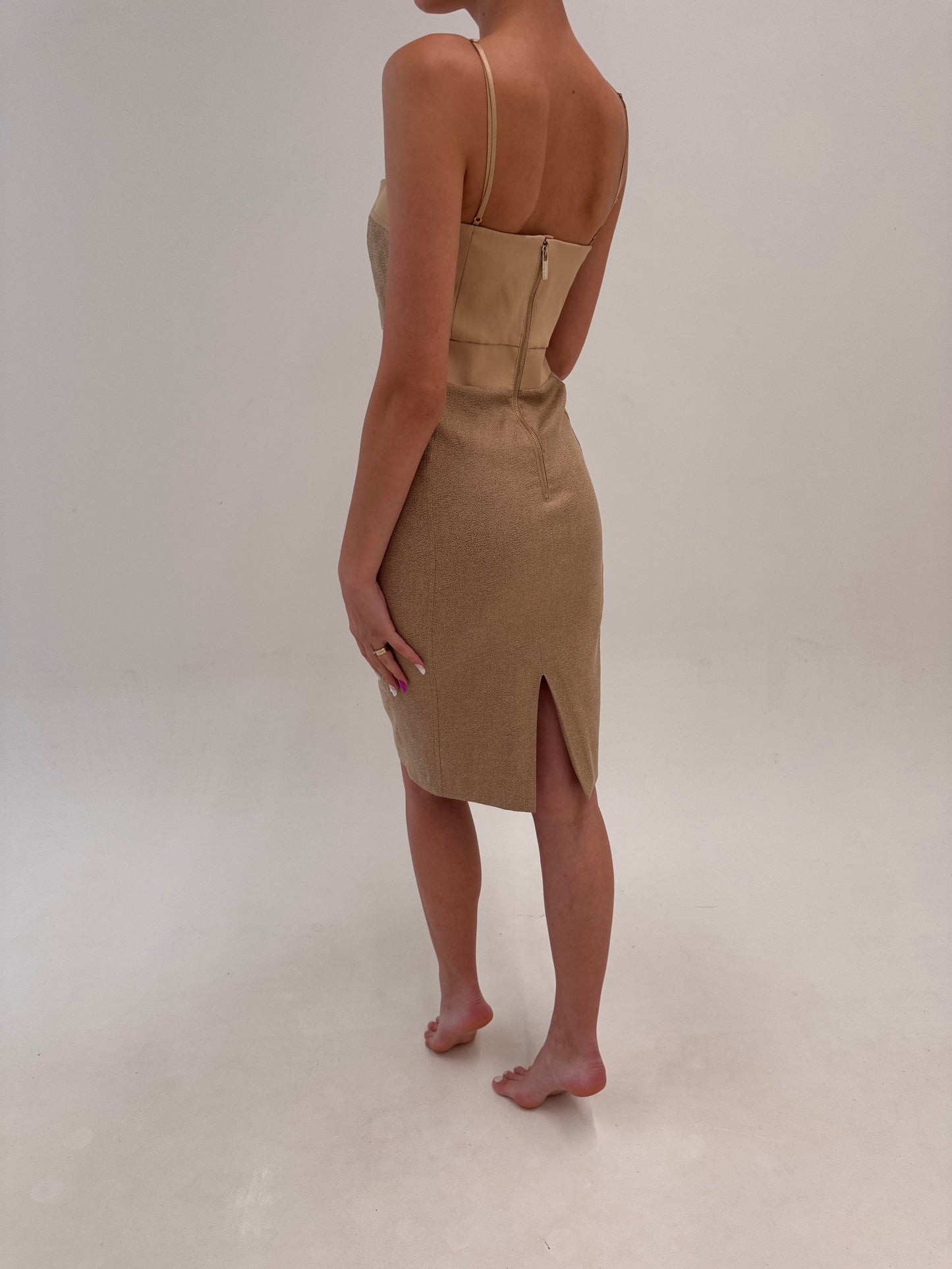 Sheath dress luxury camel Elisabeta Franchi cu corsaj ultra modelatoare
