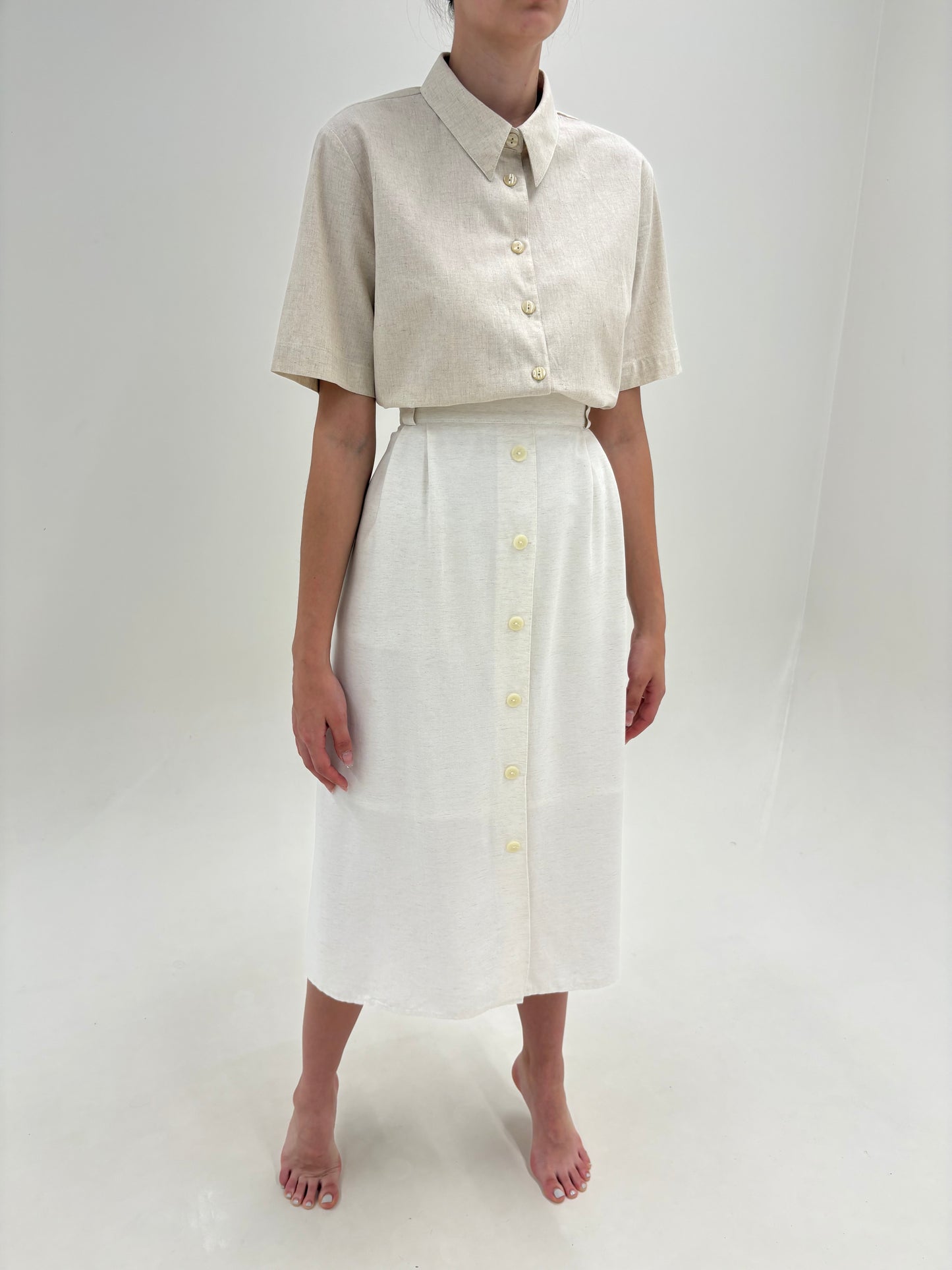 Fustă vintage off white din pânză de bumbac midi lung cu talie ușor elastică