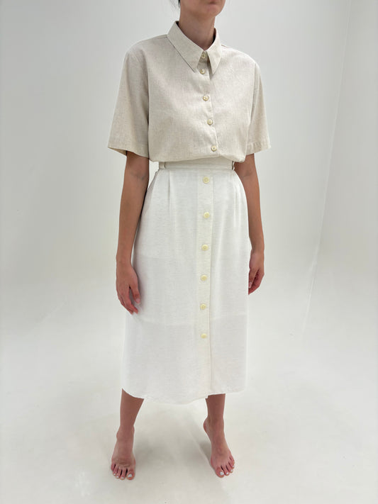 Fustă vintage off white din pânză de bumbac midi lung cu talie ușor elastică