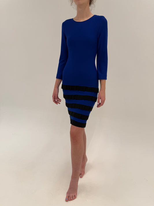 Rochie ‘tube dress’ old vintage anii 70 din jerse de lana extrafina albastru cerneală