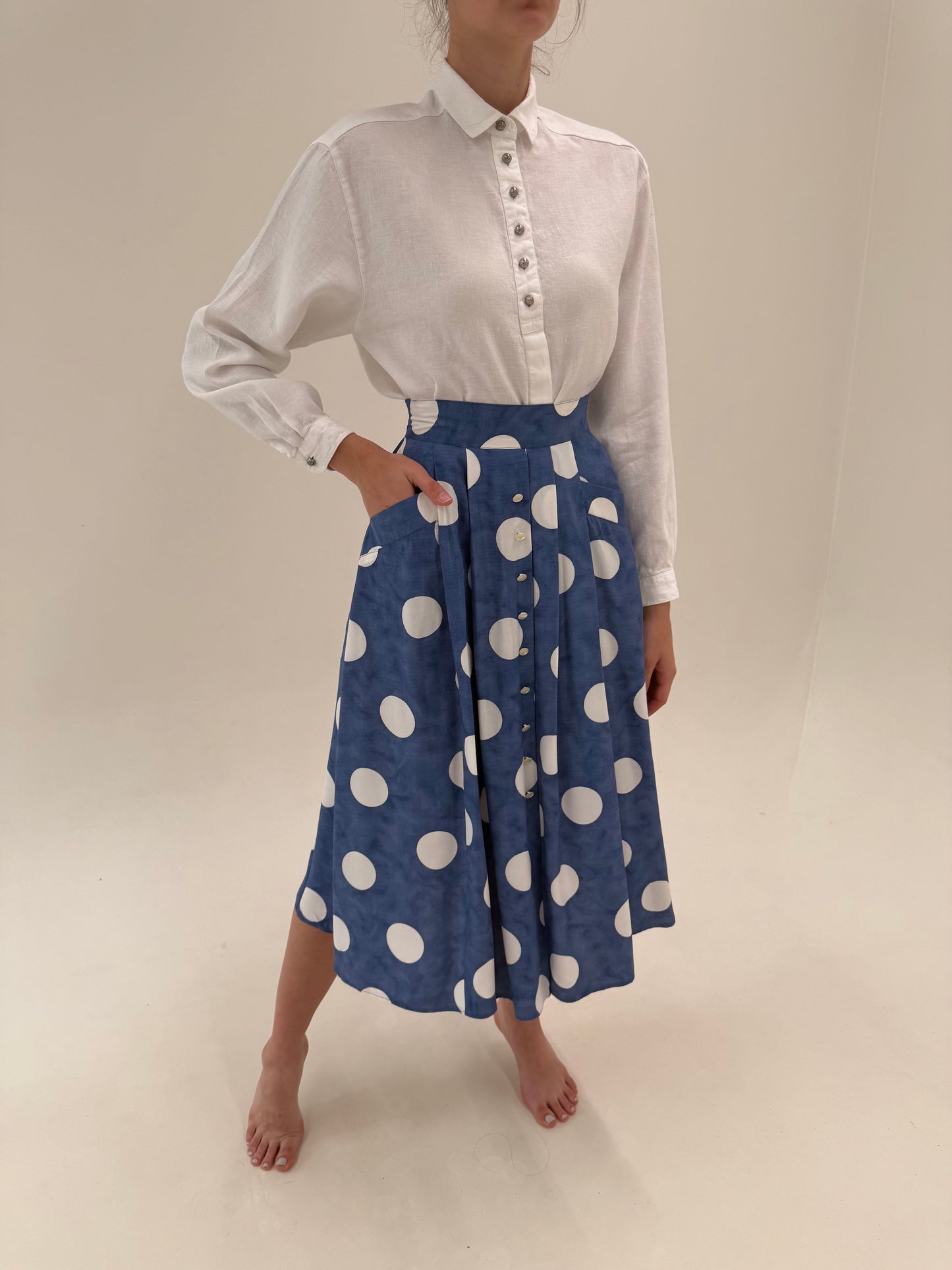 Fustă vintage jeans Blue cu buline ultra amplă midi lung