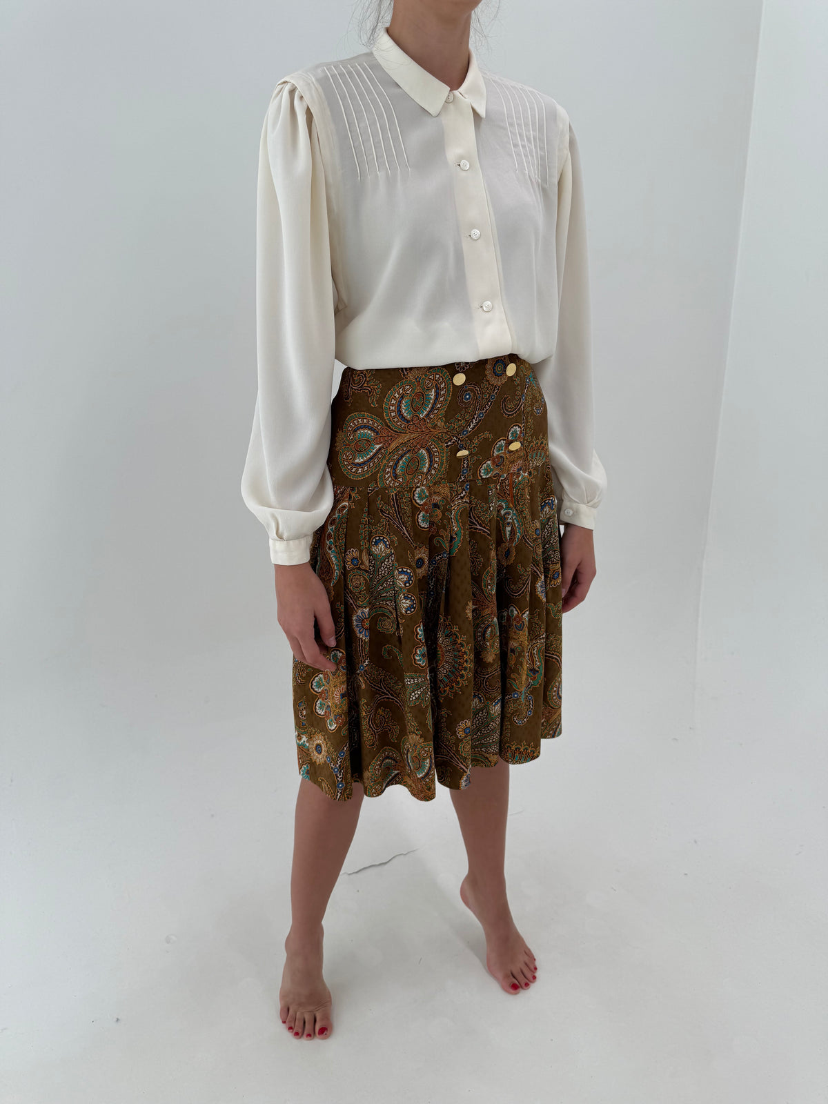 Fustă plisată din mătase naturală groasă cu print paisley în culori de toamnă