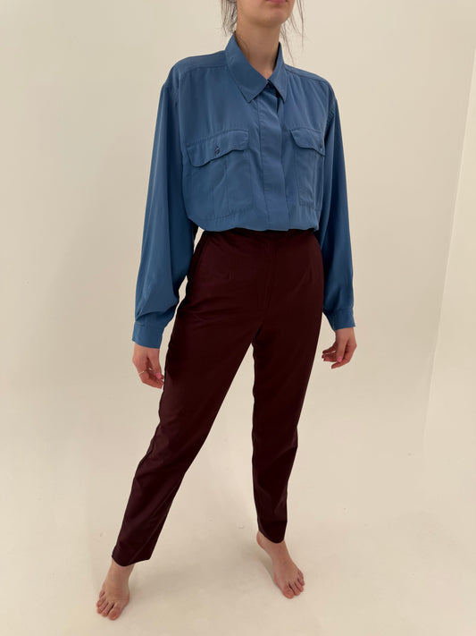 Pantaloni oxblood țigaretă din heavy cotton twill cu talie ultra înaltă