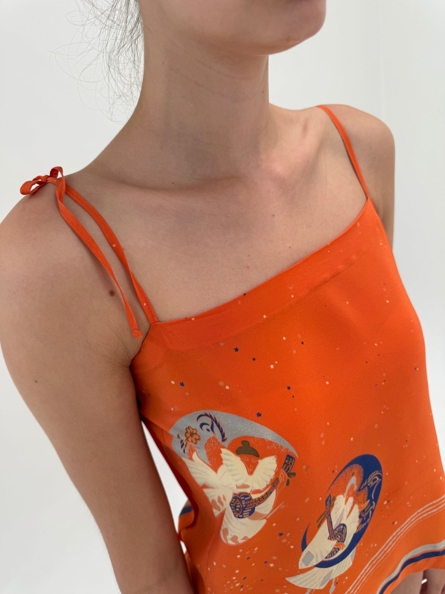 Set vintage din mătase naturală pumpkin orange cu print delicat și buline