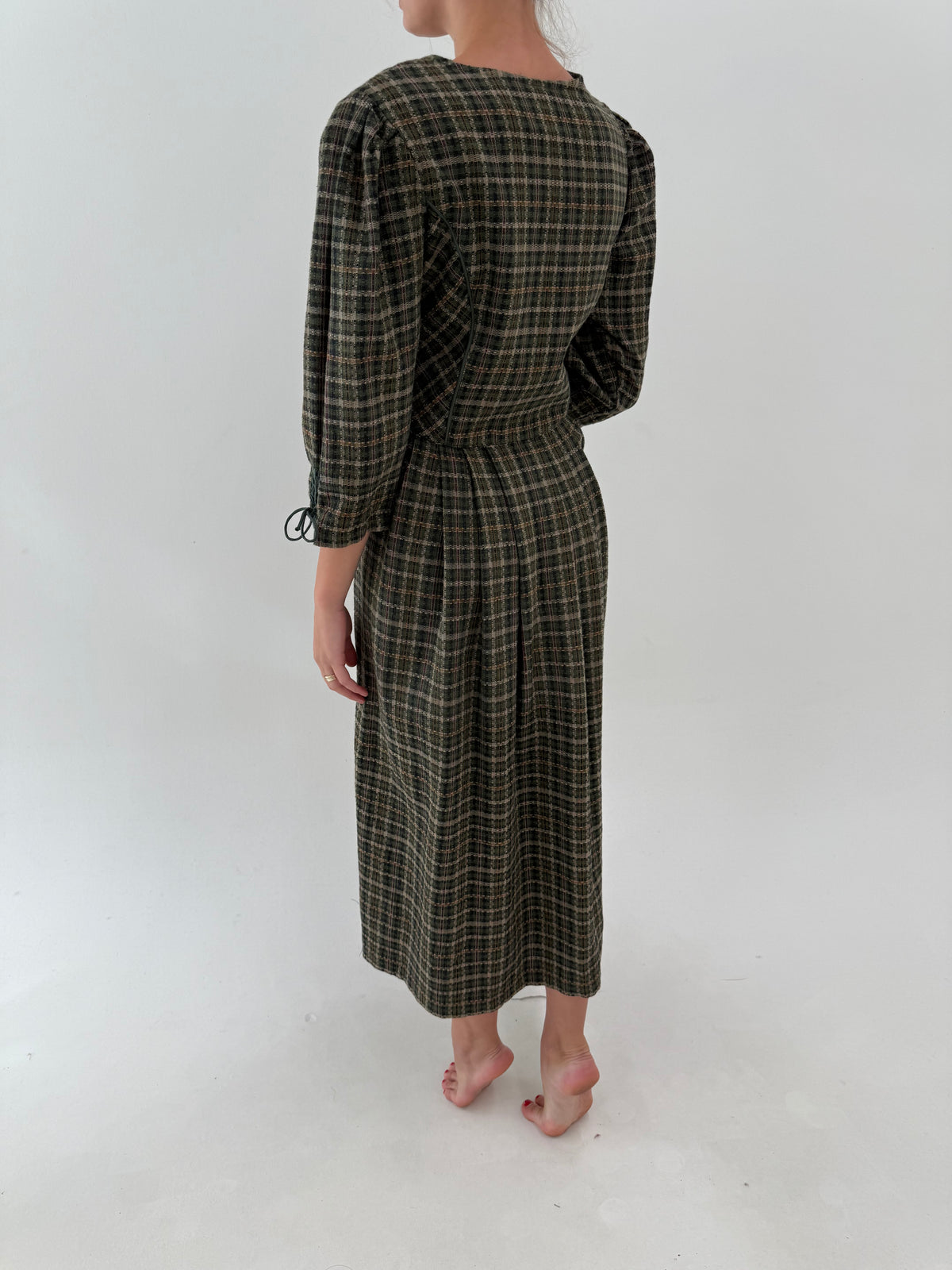 Rochie vintage maxi din tweed moale cu corsaj și buzunare în nuanțe de verde