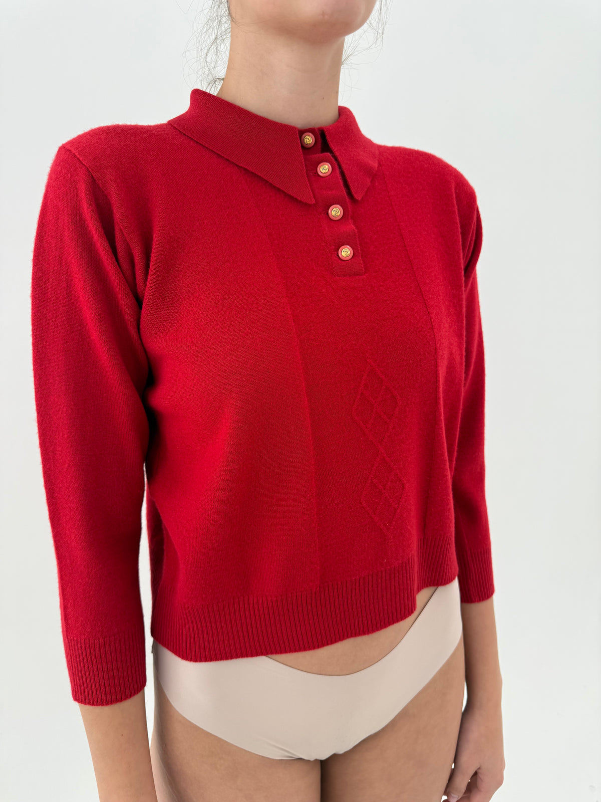 Pulover vintage polo petite din lana extafina roșu tare