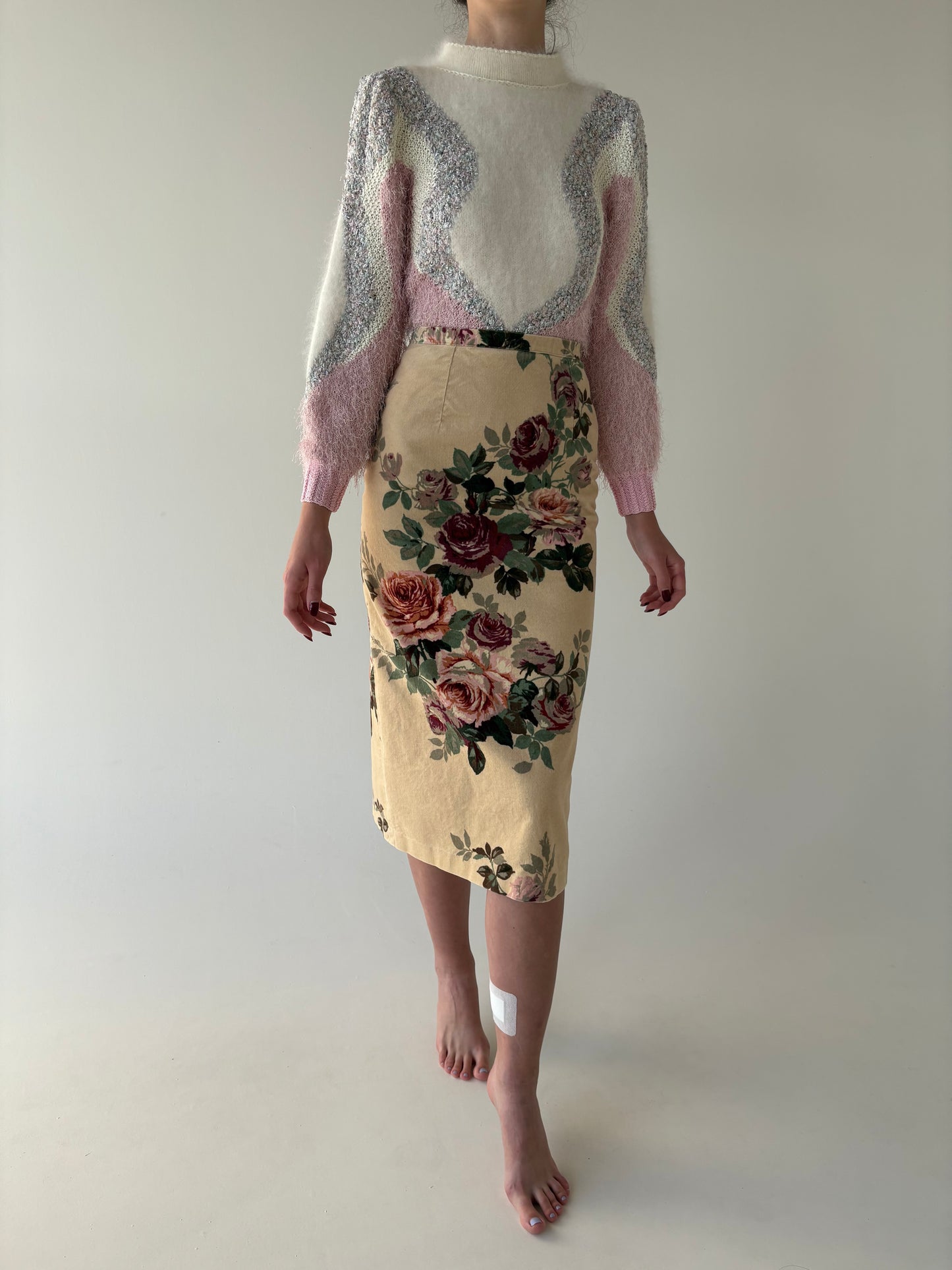 Fustă camel din catifea conică cu talie ultra înaltă și print floral superb