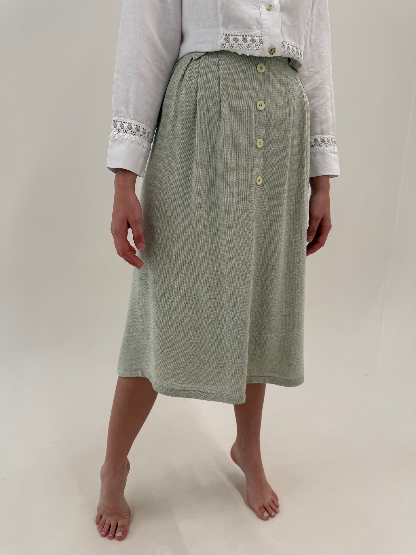 Fusta vintage din pânză grea naturală light Sage green midi lung