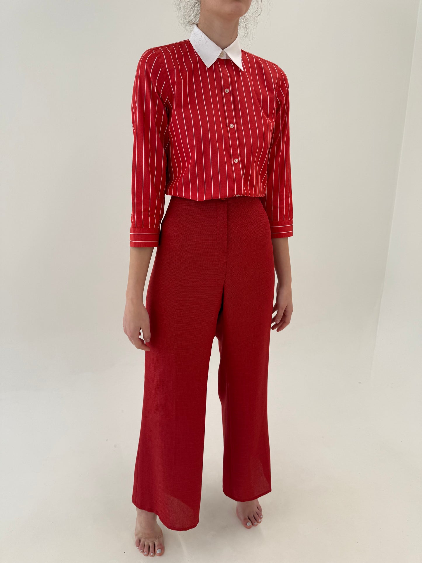 Pantaloni în croi drept brick red din pânză cu talie înaltă