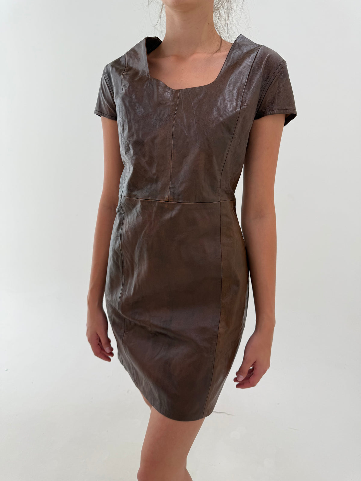 Rochie din piele naturală moale chocolate brown în croi clasic