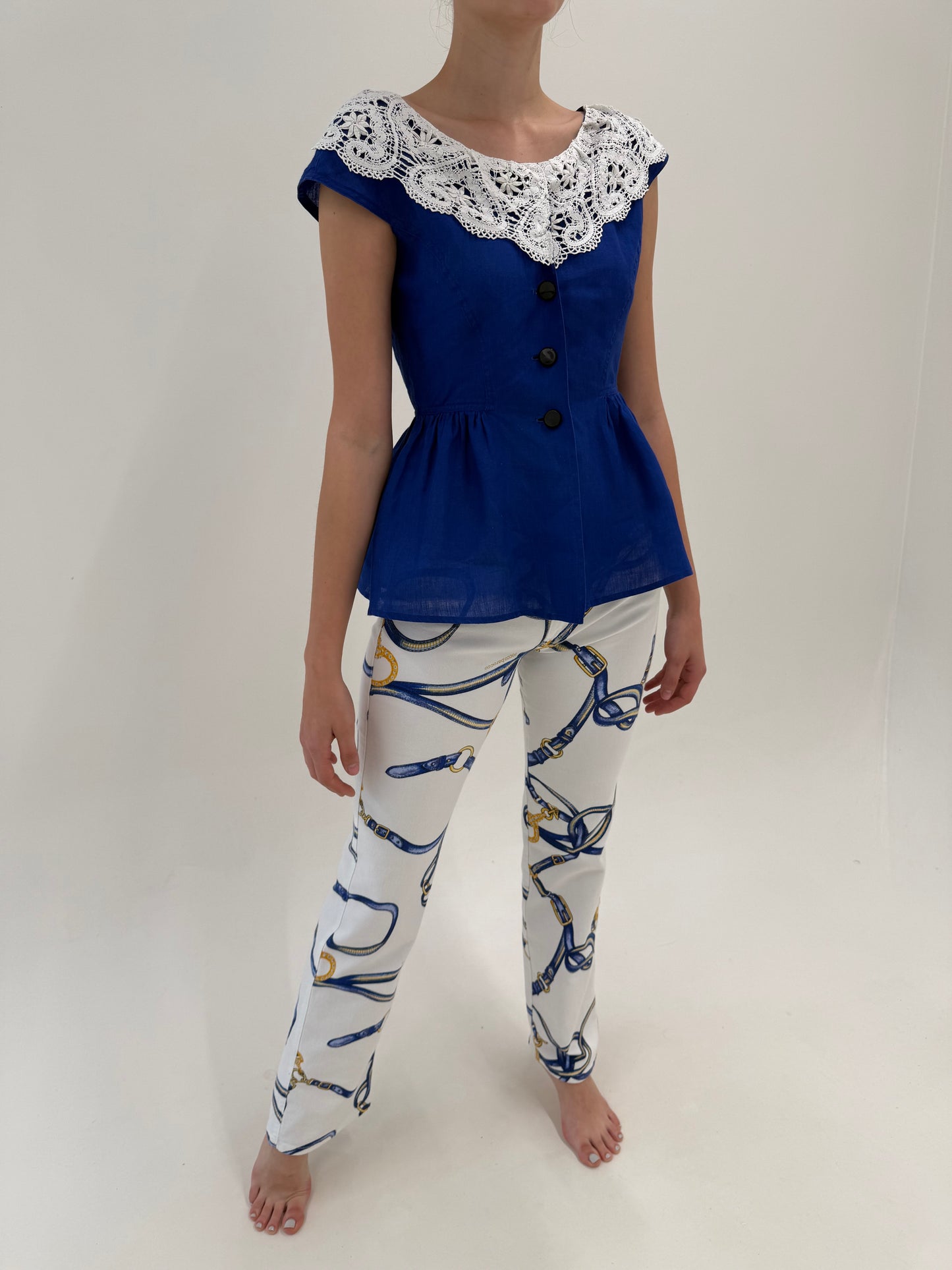 Pantaloni vintage luxury Rocco Barocco statement de vară cu print baroc