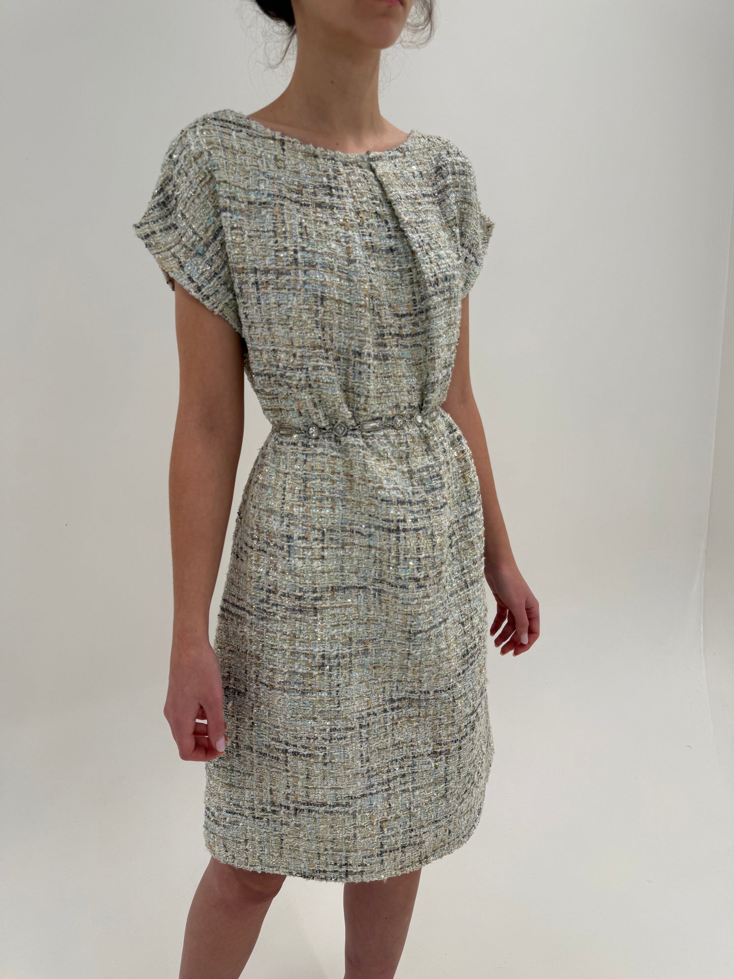 Rochie baby blue în stil Chanel din tweed prețios în croi lejer