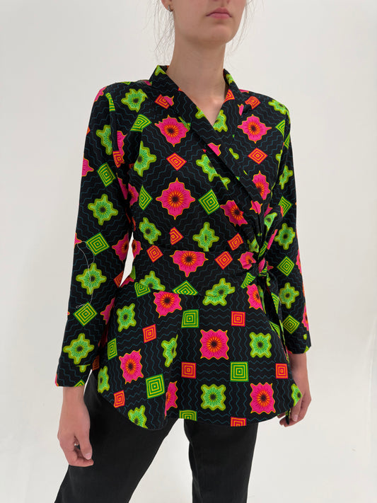 Jacheta vintage petrecuta din pânză de bumbac tip kimono cu talie ultra marcată