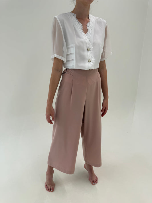 Pantaloni palazzo dusty pink cu talie ultra înaltă marcată reglabilă și pense