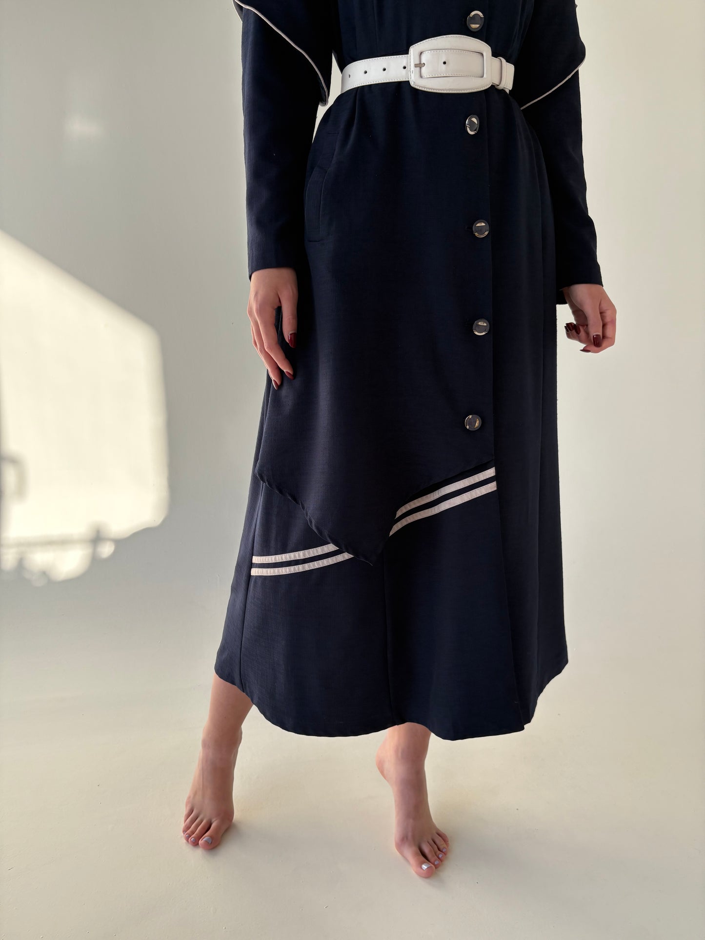 Rochie / Pardesiu Navy maxi cu buzunare și inserții contrastante