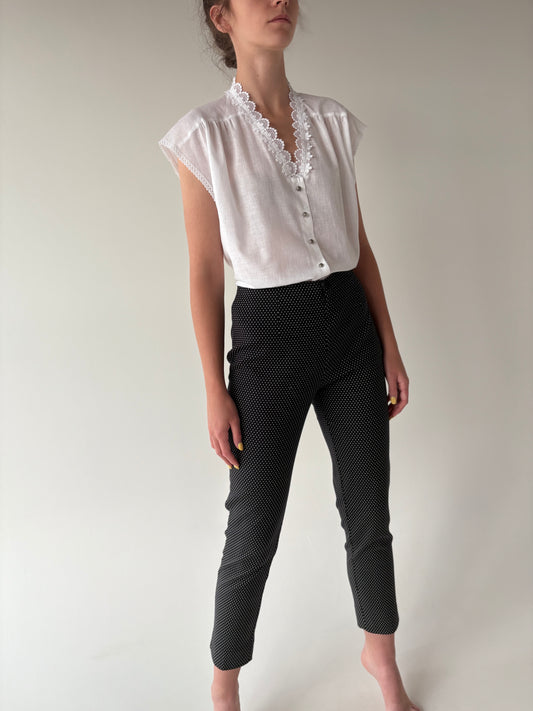 Pantaloni negri business cu buline ivorie din poplin modelator