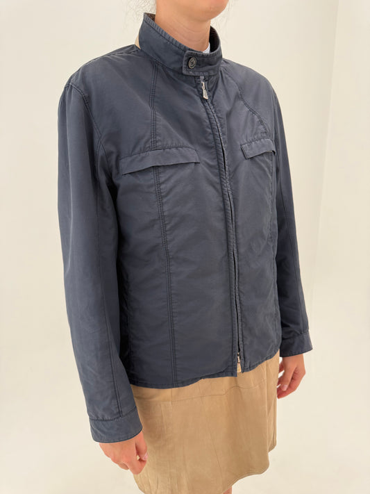 Jacheta Loro Piana Navy blue din gabardină cu inserții din piele naturală