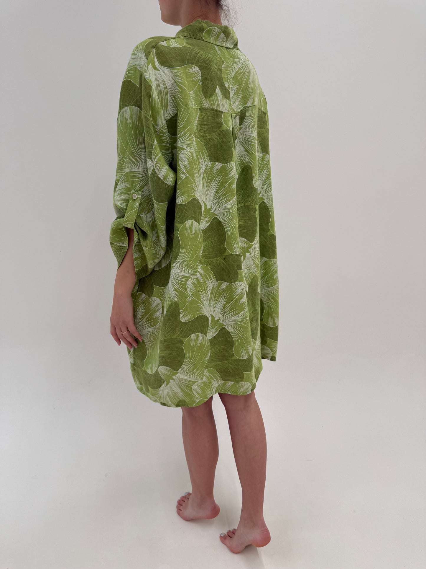 Tunica în croi lung / rochie din in premium cu print organic în nuanțe de verde