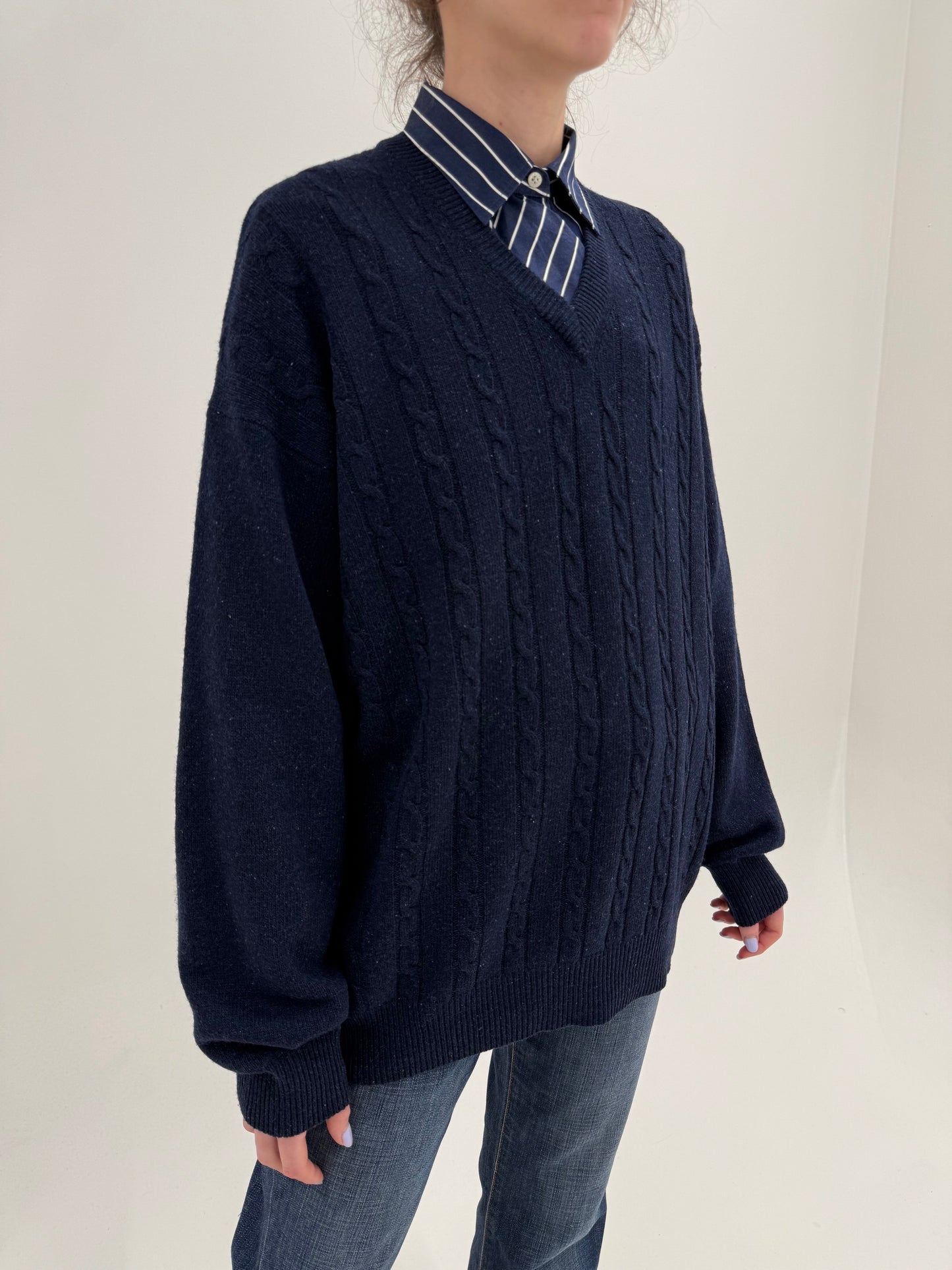 Pulover Valentino cu torsade și anchior în croi lejer 80% lana plină