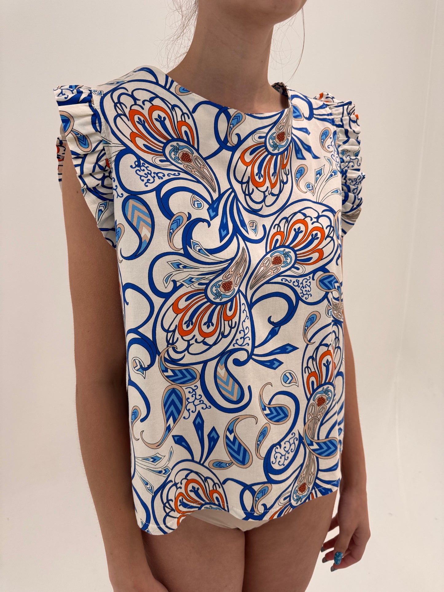 Top italian din poplin ultra chic cu print albastru regal și volane