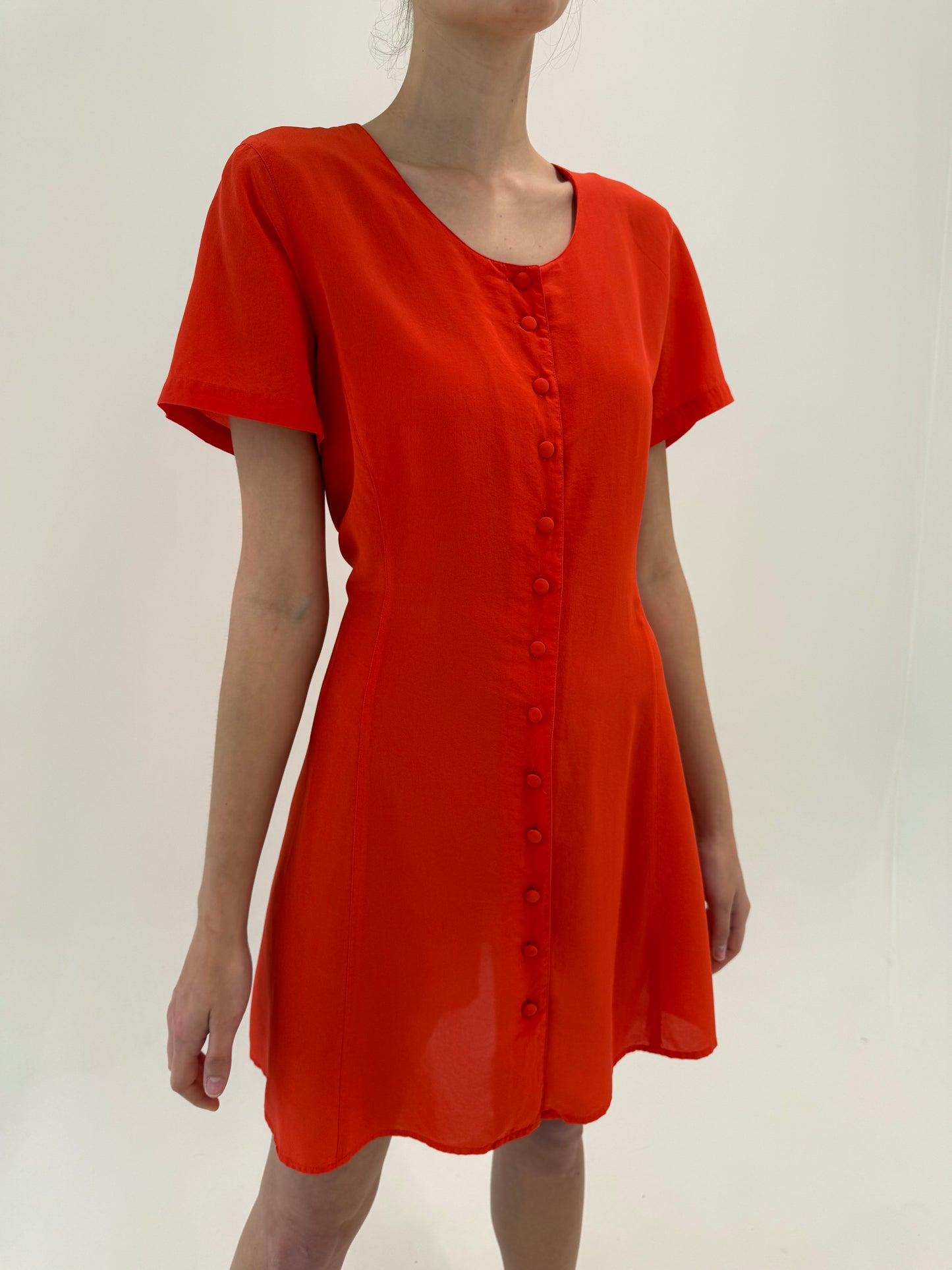 Rochie vintage din mătase naturală electric coral red în croi ușor cambrat