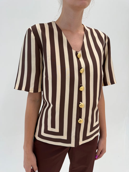 Sacou vintage în croi minimalist și dungi camel cu chocolate brown