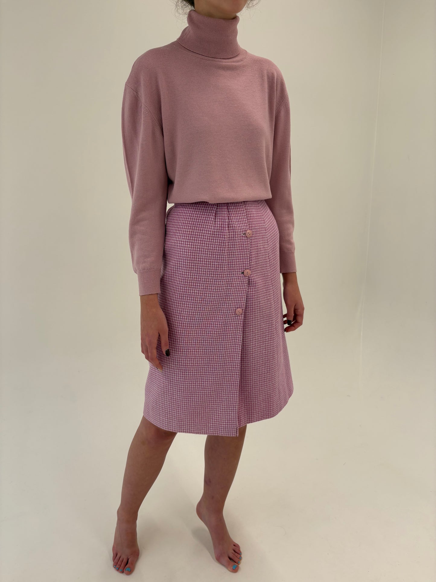 Fustă din lana plina în carouri baby pink și ivoire și talie ultra înaltă